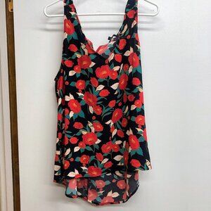 Gibson floral sleeveless black blouse with tie in back, size L